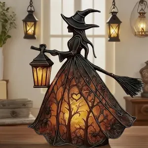 Light Up A Mystical Glow! Spooky Witch Holder Lantern Lamp Stained Glass Gothic Decor For Shelf Mantel Or Porch Halloween Witch Lamp A Unique Halloween Gift