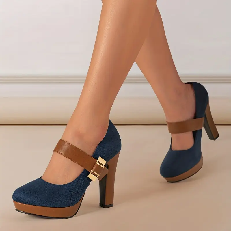 Women's Retro Look Platform Heels, 2026 Synthetic Round Toe Block Heel Pumps, Elegant Sports & Outdoor Footwear