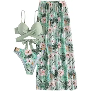 Women's 3 Piece Swimsuit Push Up Bikini Set with Cover Up, High Waist Bathing Suit, Floral Beach Wear for