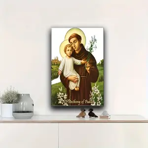 1pc Saint Anthony of Padua Canvas Wall Art with Solid Wood Frame - Elegant Religious Decor Featuring Holy Figures & Floral Background for Living Room, Bedroom, Home Office, Inspirational Wall Decor Ornaments Wooden 08×12Inch(20×30Cm）