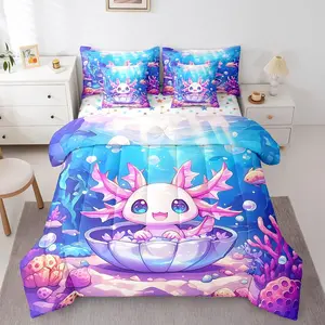 Kids Cute Axolotl Bed in A Bag ,Ocean Sealife 7 Pieces Bedding Set Boys Girls Kawaii Animal Comforter Set with Sheets Cartoon Salamander Teens Bed Set Bedroom Decor 7Pcs