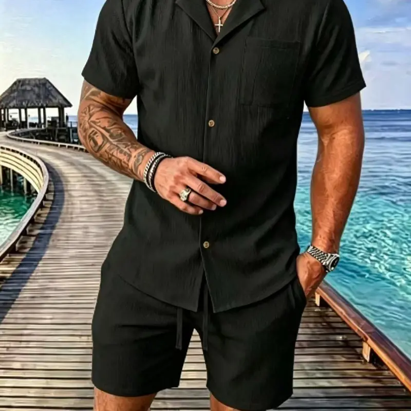 Men's 2-Piece Textured Casual Shirt and Shorts Set, Lapel Collar Chest Pocket Elastic Drawstring Waist Loose Fit Outfits, Lightweight Breathable Casual Summer Wear for Beach Vacation & Everyday