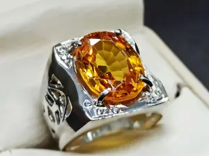 15 Carat Oval Cut Dark Deep Yellow Lab Citrine Sterling Silver 925 Handmade Men's Lattice Ring