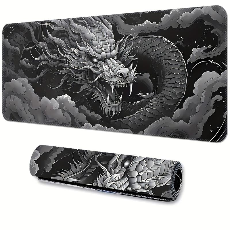 Extra-Large Dragon Gaming Mouse Pad - Monochrome Design with White & Black Artwork, Washable & Durable Rubber Base, Precision Stitched Edges - Ideal