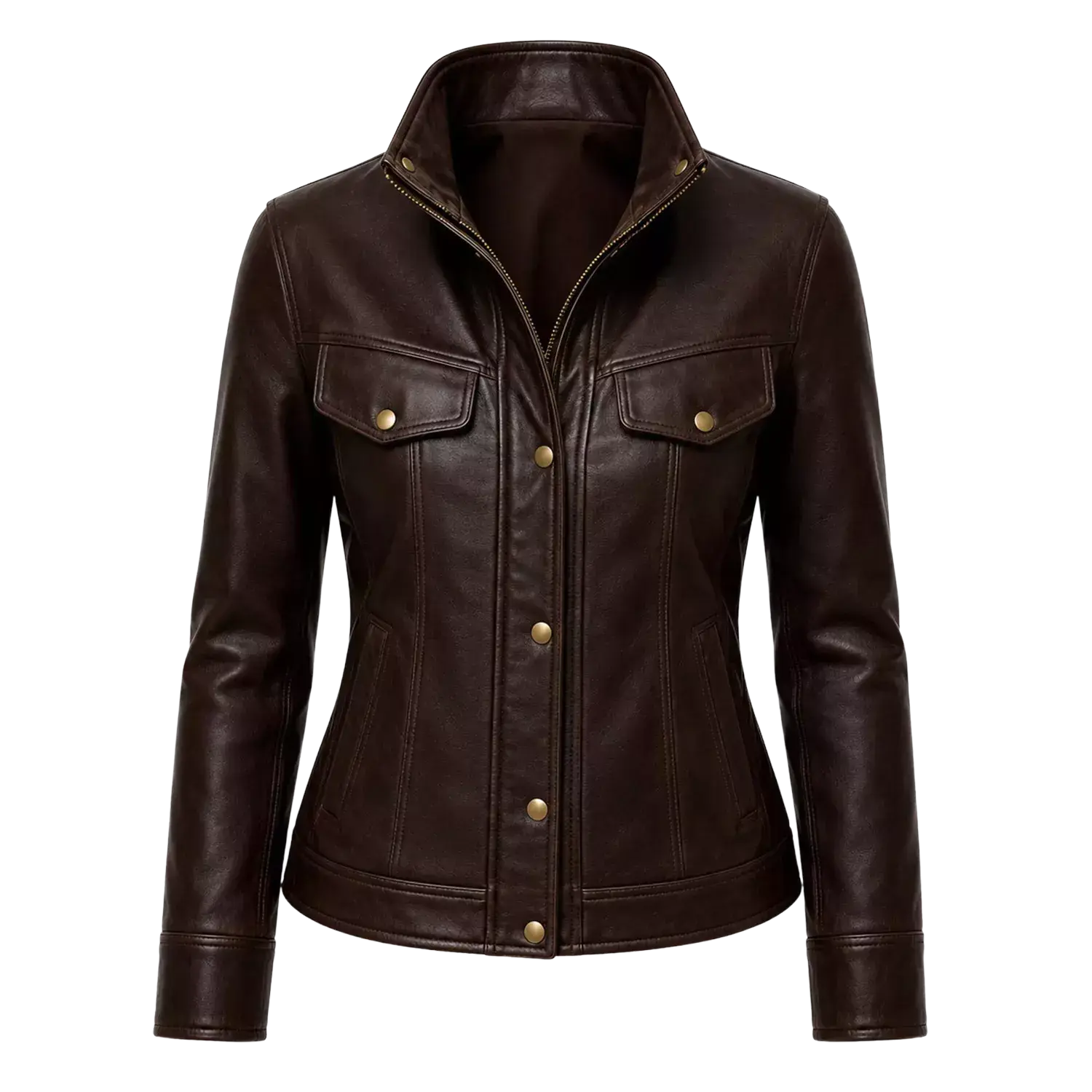 Women's Dark Brown Leather Bomber Jacket | Zip-Up Snap Button Jacket