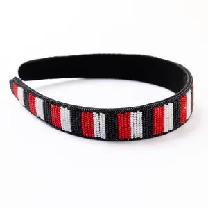 Game Day Striped Beaded Headband Red + Black