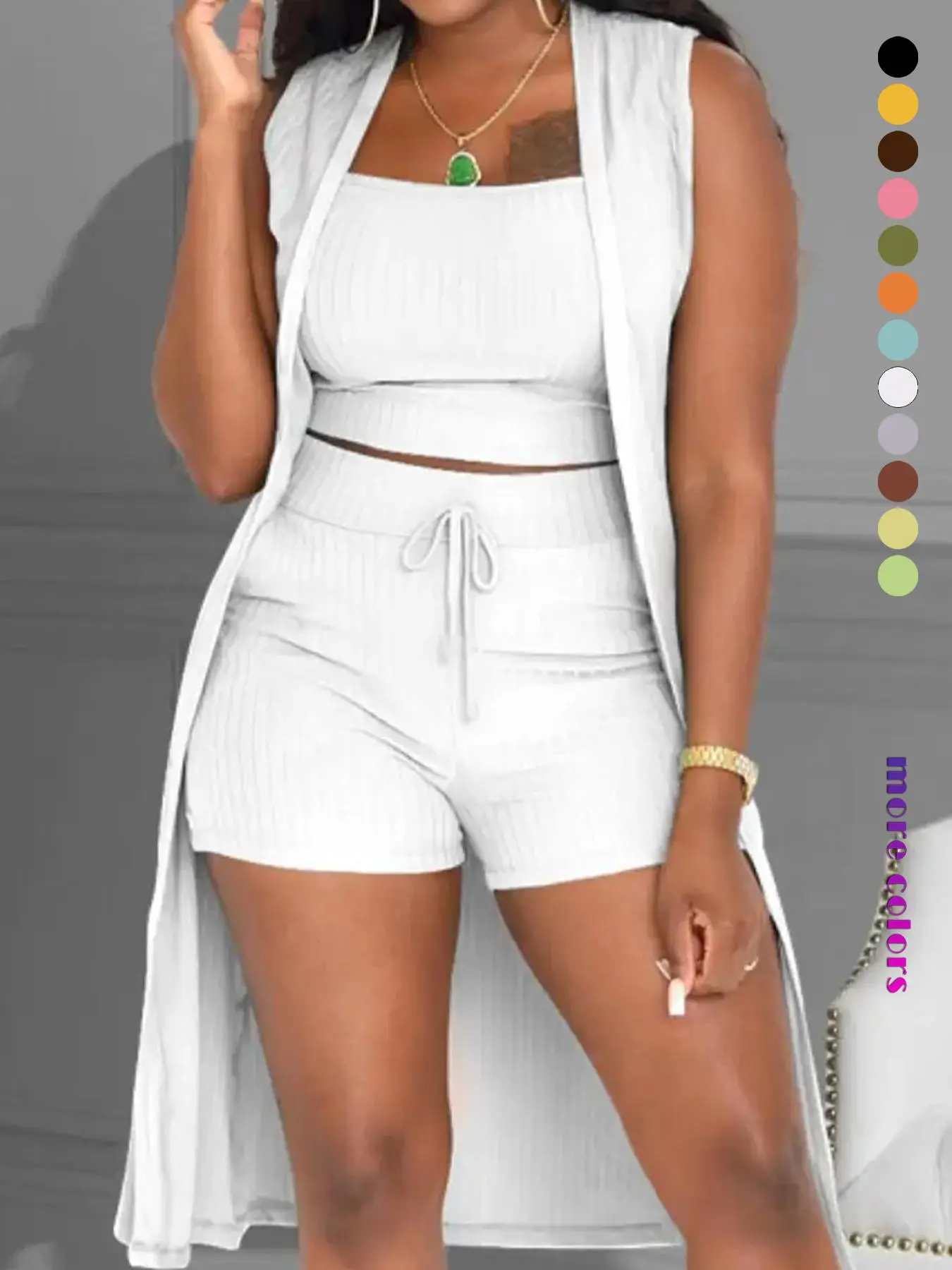 Three-Piece Set Women's Solid Ribbed Co-ord Set, Casual Crop Tank Top & Drawstring Waist Shorts & Vest Coat Set for Daily Wear, Summer Clothes, Women's Clothing