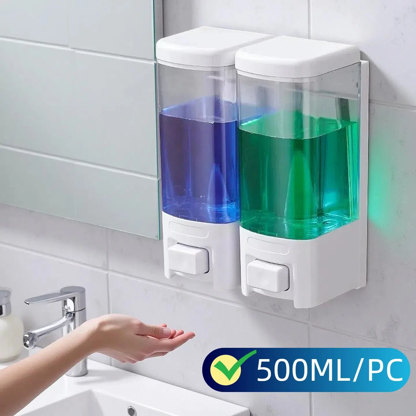 500ML ABS Plastic Wall Mounted Liquid Soap Dispenser for Hand Sanitizer and Shampoo, Manual Pressure Design, No Electricity Required for Easy Use, Bathroom Accessory, Refillable Bottle, Toiletries Dispenser, Soap Dispenser Pump