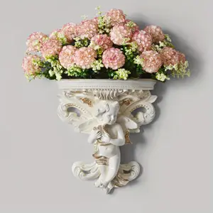 [White Ceramic Angel Wall Planter] Elegant European Style Ceramic Angel Wall Planter, 3D Wall Hanging Decor, Vintage Resin Craft, White with Golden Accents, B Model (Flowerless), Home & Kitchen Decor, No Feather, for Valentine's Day