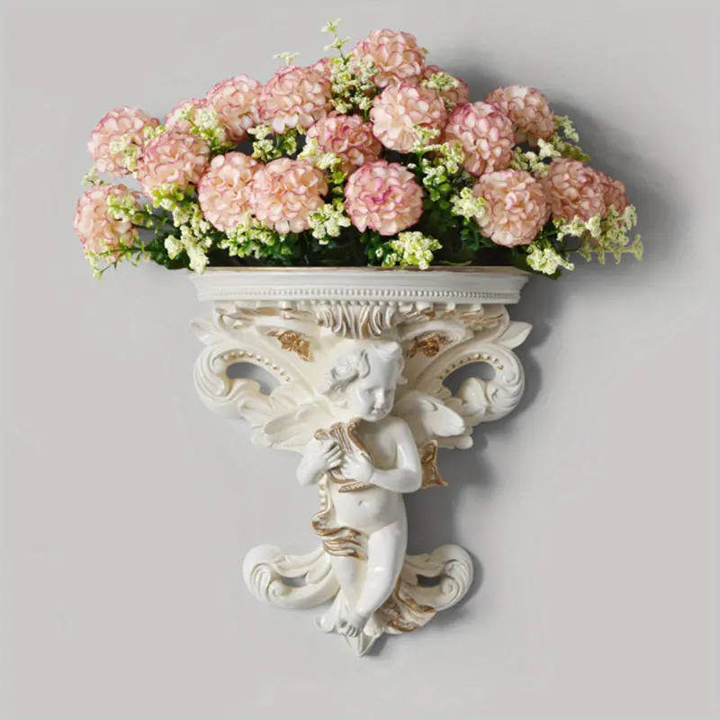 [White Ceramic Angel Wall Planter] Elegant European Style Ceramic Angel Wall Planter, 3D Wall Hanging Decor, Vintage Resin Craft, White with Golden Accents, B Model (Flowerless), Home & Kitchen Decor, No Feather, for Valentine's Day