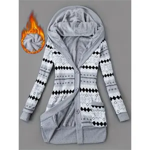 Fashionable Women's Geometric Pattern Knitted Long-sleeved Thickened Jacket, Mid-length Hooded Cardigan With Pockets, Lined With Fleece, Warm And Comfortable, Suitable For Outdoor Wear In Autumn And Winter, Women's Clothing Can be