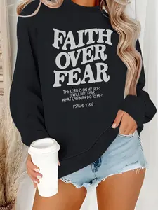 Women's Casual Faith over Fear Graphic Knit Pullover Sweater, Soft Long Sleeve Round Neck Sweatshirt, All-Season Wear, Womenswear
