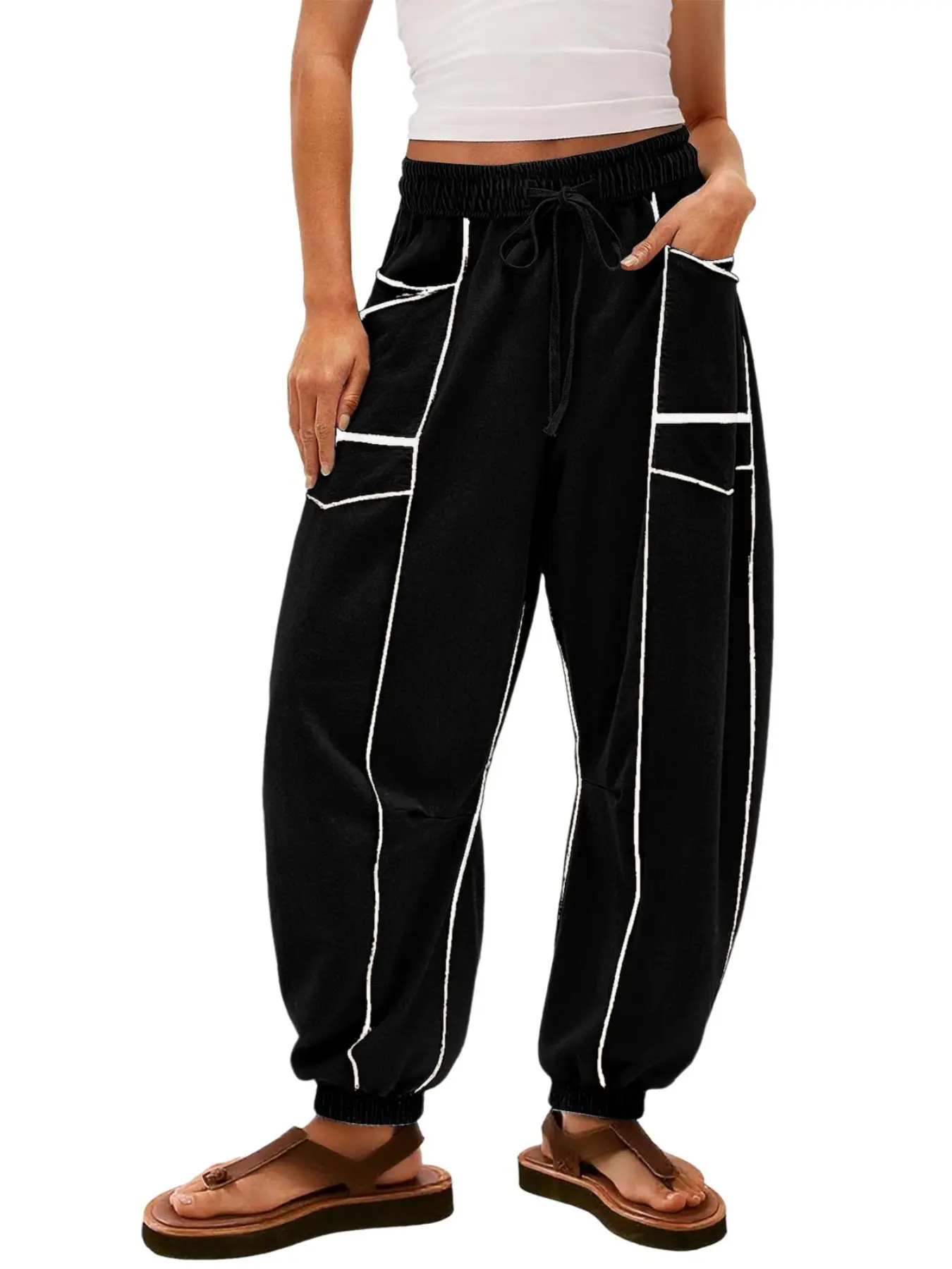 Women's New Basic Loose Wide Leg Pants, Casual Adjustable Drawstring Elastic Waist Trouser, Large Pockets, European Style Ladies Fashion Bottoms, Womenswear