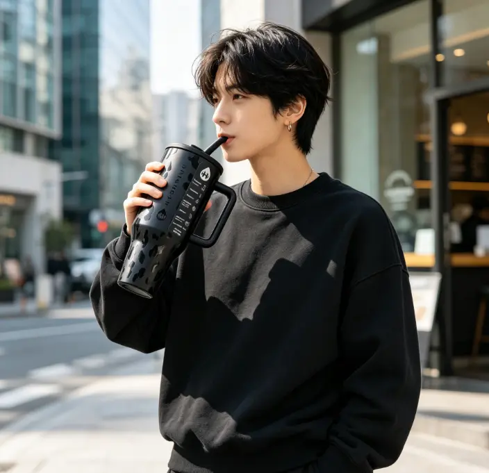 40oz Insulated Tumbler Black Leopard Print With Handle Straw Stainless Steel Leak Proof Cold 24H Cup Holder Friendly wild portable drinkware