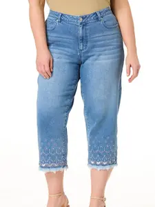 Plus Size Rhinestone Cutout Floral Jeans