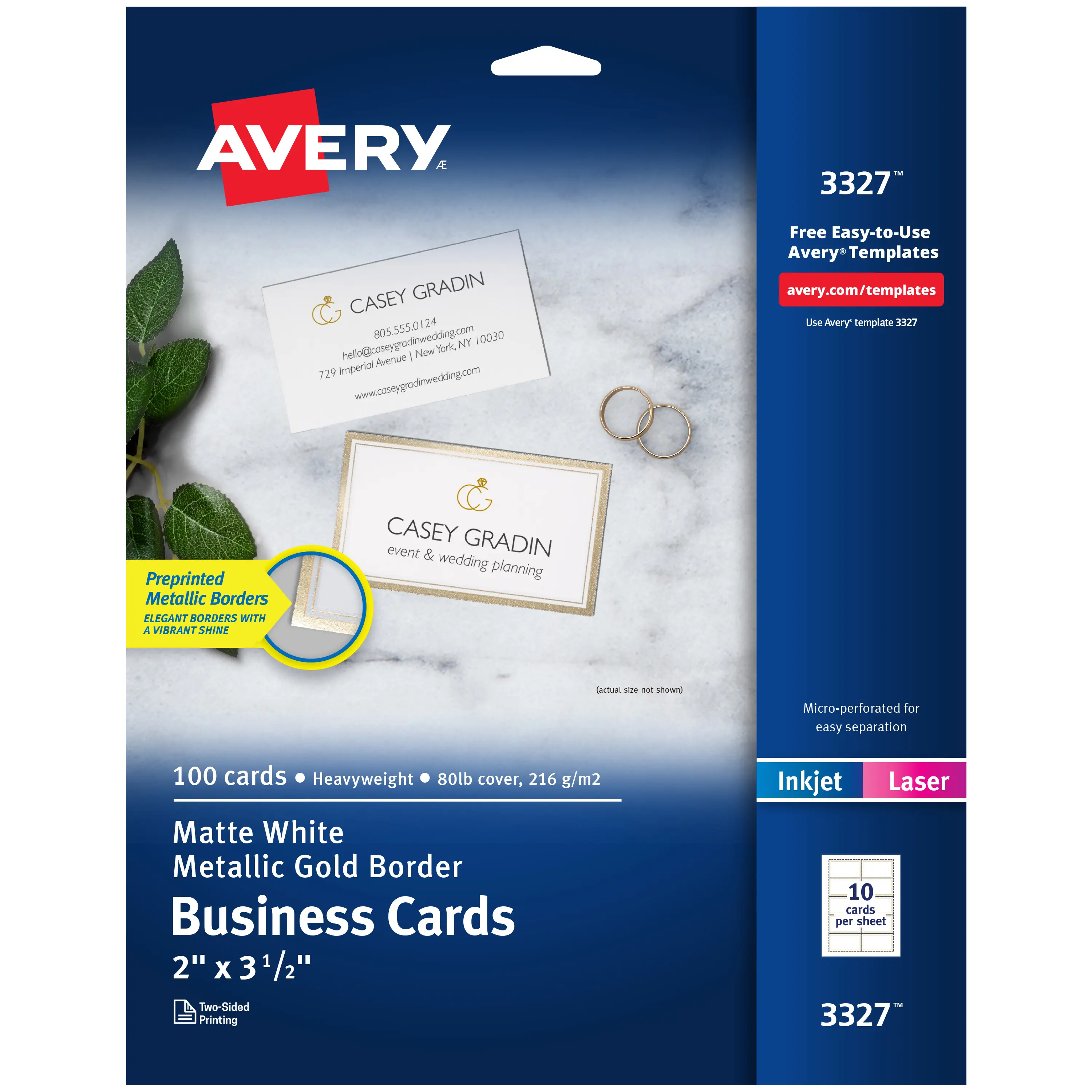 Avery Metallic Pre-Printed Gold Border Business Cards, 2"x3.5", 100 Double-Sided Design Cards, Laser/Inkjet Printable, Precise Cuts, Smooth Border (3327), Double-Sided Designs