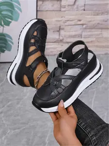 A pair of new large-size women's round-toe hollow breathable Velcro wedge sandals Strapy Sandals for outdoor wear, simple and comfortable for daily light commuting with a thick sole Adjustable Sandals