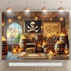 2D Flat, 1pc Pirate-Themed Polyester Photography Backdrop - 2D Flat Banner with Skull & Crossbones Flag, Treasure Chests, Lanterns & Map Design for Indoor/Outdoor Party Decor, Birthday, Anniversary, Photo Studio Props - No Electricity Needed, Durable &
