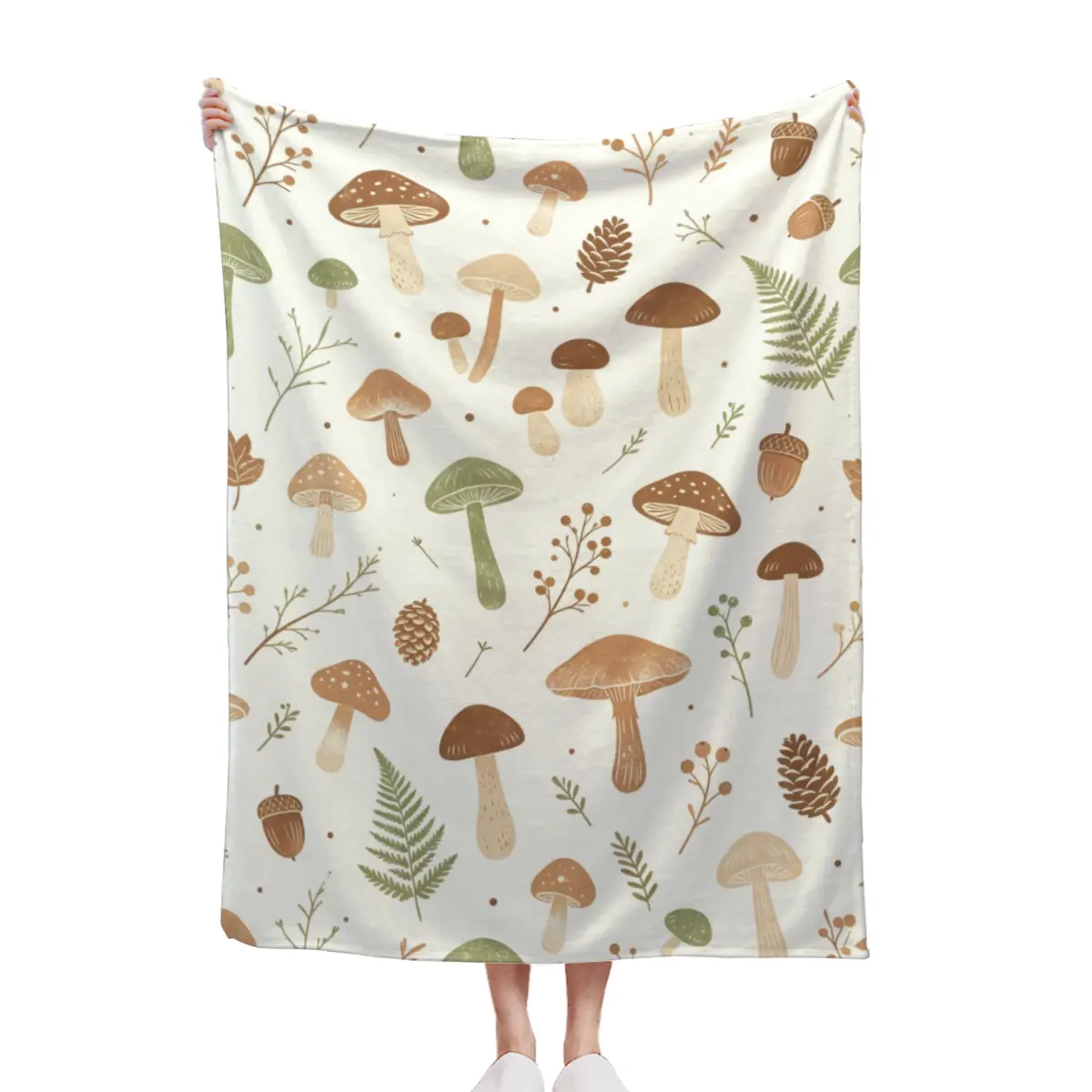 Anti-Allergic Quilt, Wild Mushroom-Fern Botanical Forest All-Over Print Throw Blanket, Cottagecore Neutral Nature Soft Home Decor Textile, Anti-Allergic Quilts