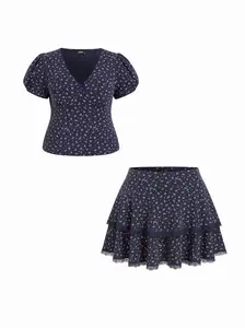 Cotton-blend Floral V-Neck Top & Mid Rise Tiered Mini Skirt Set Curve & Plus