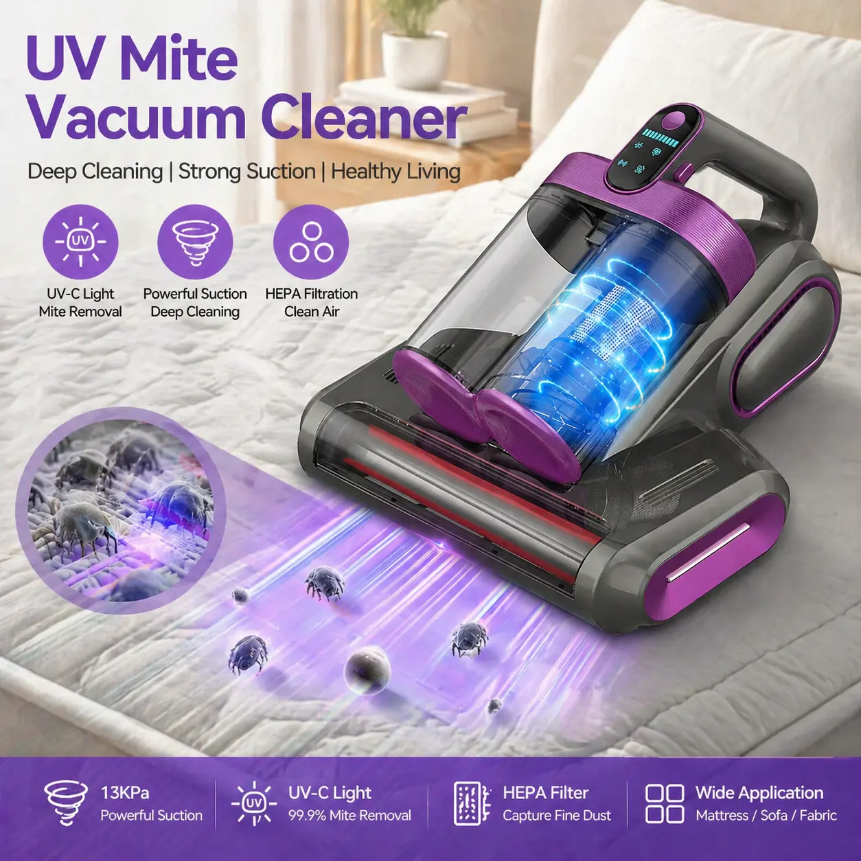 Cordless & Rechargeable Mattress Vacuum – UV Sterilization + Ultrasonic Tech, 13kPa Suction, HEPA Filter for Bedding, Sofas, Cribs