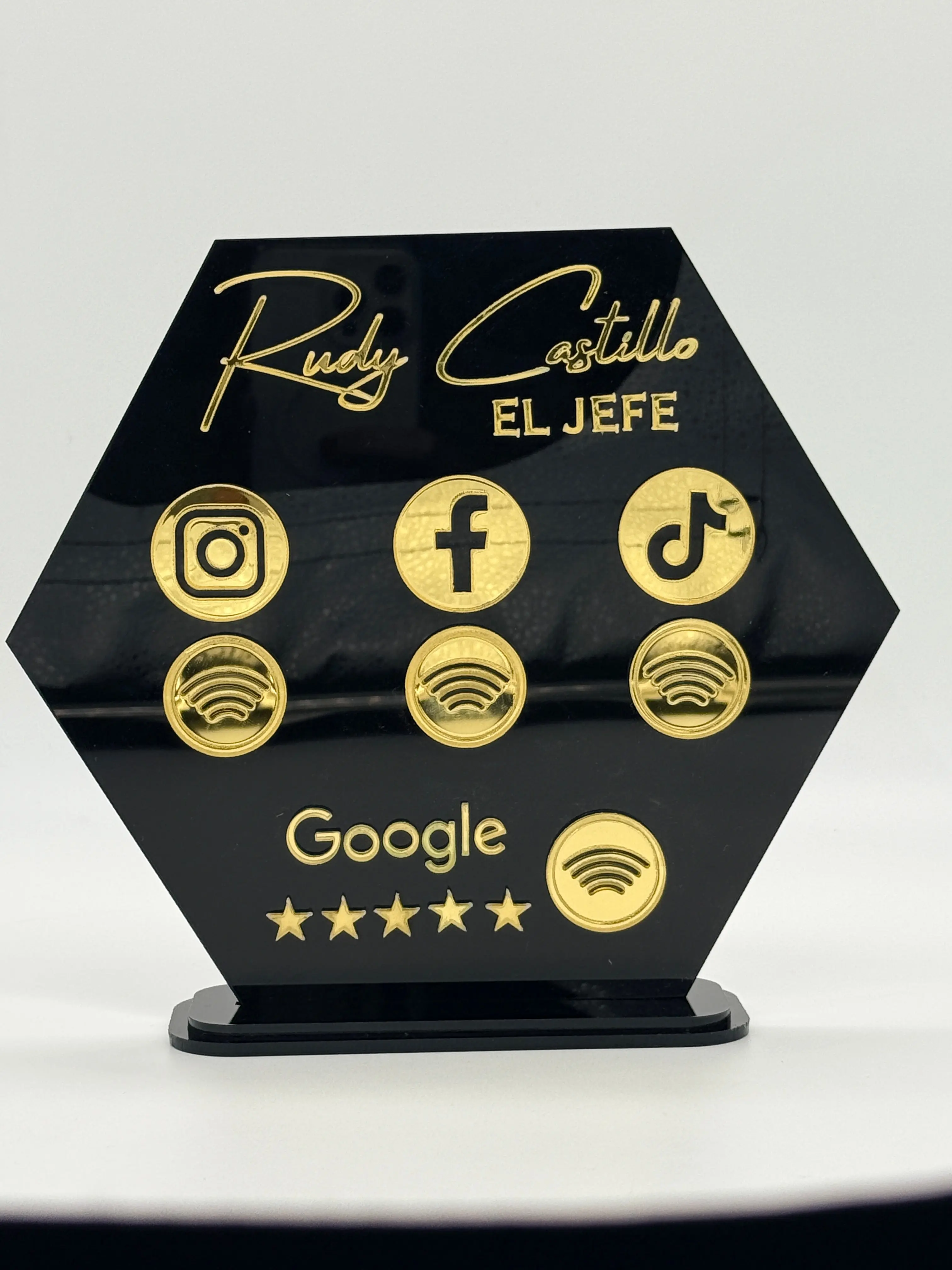 Let’s Get Social NFC Business Sign | Hexagon Acrylic Social Media Tap Sign with Stand | Custom Review & Follow Sign