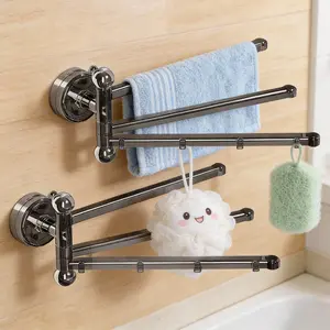 270° Rotating Swivel Arm Towel Hanger, 3 Folding Arms 27x11x8 cm Drill-Free Wall-Mounted Organizer with Vacuum Suction Cups, Modern Metal Waterproof PET+PC Space-Saving Holder for Bathroom, Kitchen