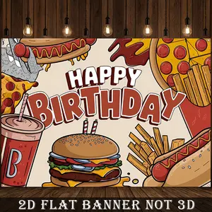 2D Flat Banner,1pc, Happy Birthday Backdrop Fast Food Party Decoration Background Hamburger Food Photo Backdrop, Perfect for Holiday Parties, Home Decor & Studio Props Holiday Decorations Polyester banner decoration