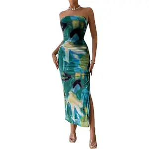 PrettyGarden Women's Summer Printed Strapless  Bodycon Maxi Dress Ruched Side Slit Floral Tube Dresses