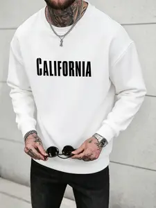 California Letter Print Round Neck Sweatshirt, Men's American Vintage Casual Top, Loose Fit Pullover for Fall & Winter