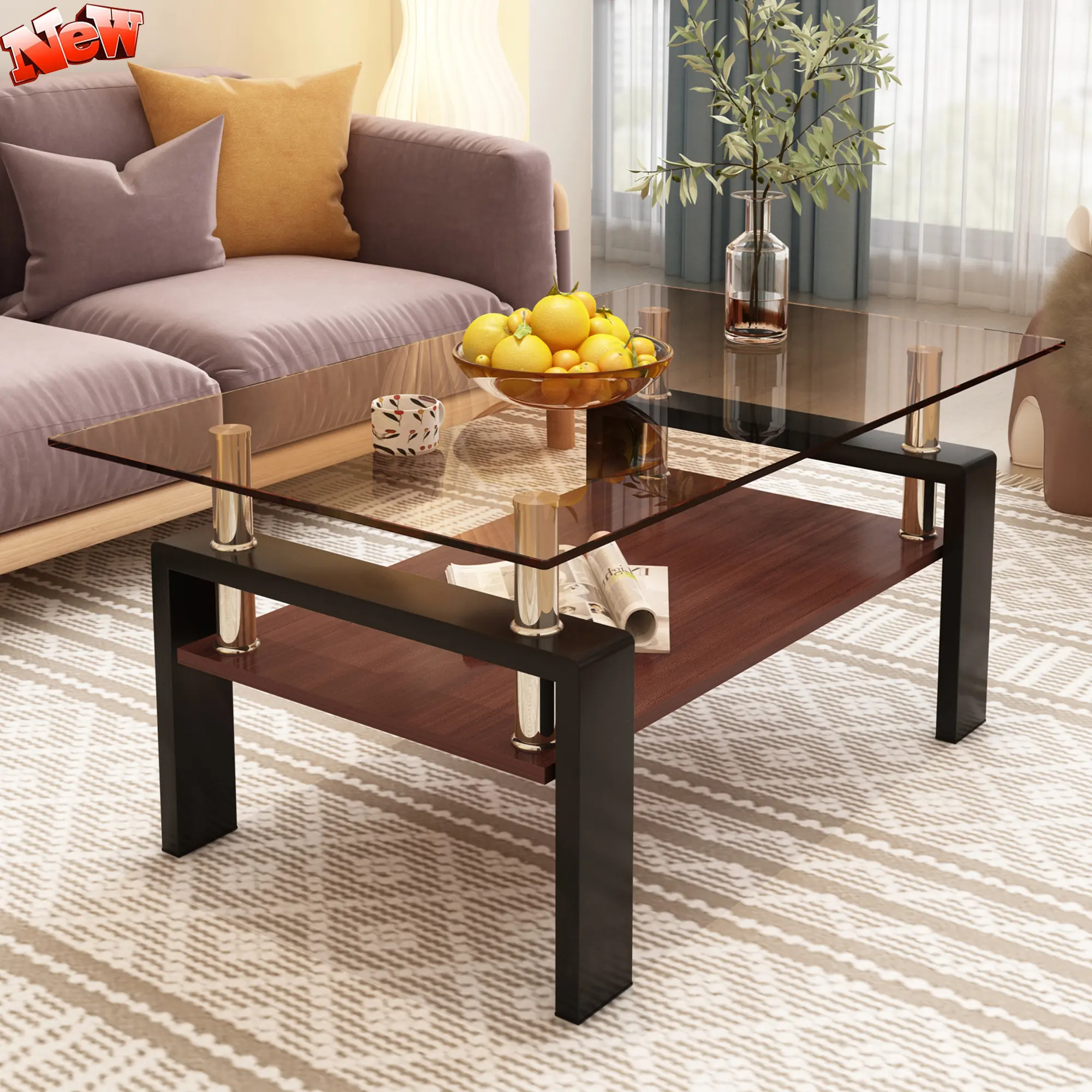 Tempered Glass Coffee Table, 2-Tier Rectangular Shape with Durable MDF Core Structure and Iron Leg Support, Modern Coffee Table for Living Room, 39.2"L×23.4"W×17.7"H, Brown+Black