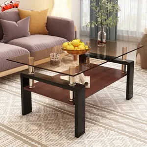 Tempered Glass Coffee Table, 2-Tier Rectangle Clear Tempered Glass Tabletop with Durable MDF Layer and Iron Leg Support, Modern Coffee Tables for Living Room, 39.2"L×23.4"W×17.7"H, Brown+Black