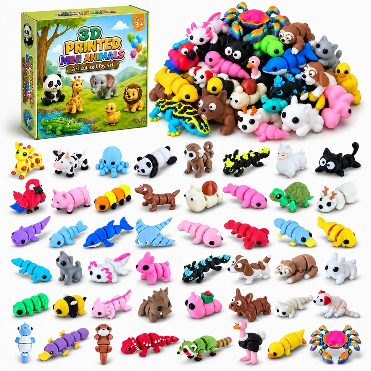 72-Piece 3D Printed Articulated Animal Figurine Set with Storage Box - Toys, Plastic & Sensory Miniatures, Animal Trinkets, Dollhouse Decor, Student Desktop Ornaments, Birthday Gift Party Favors