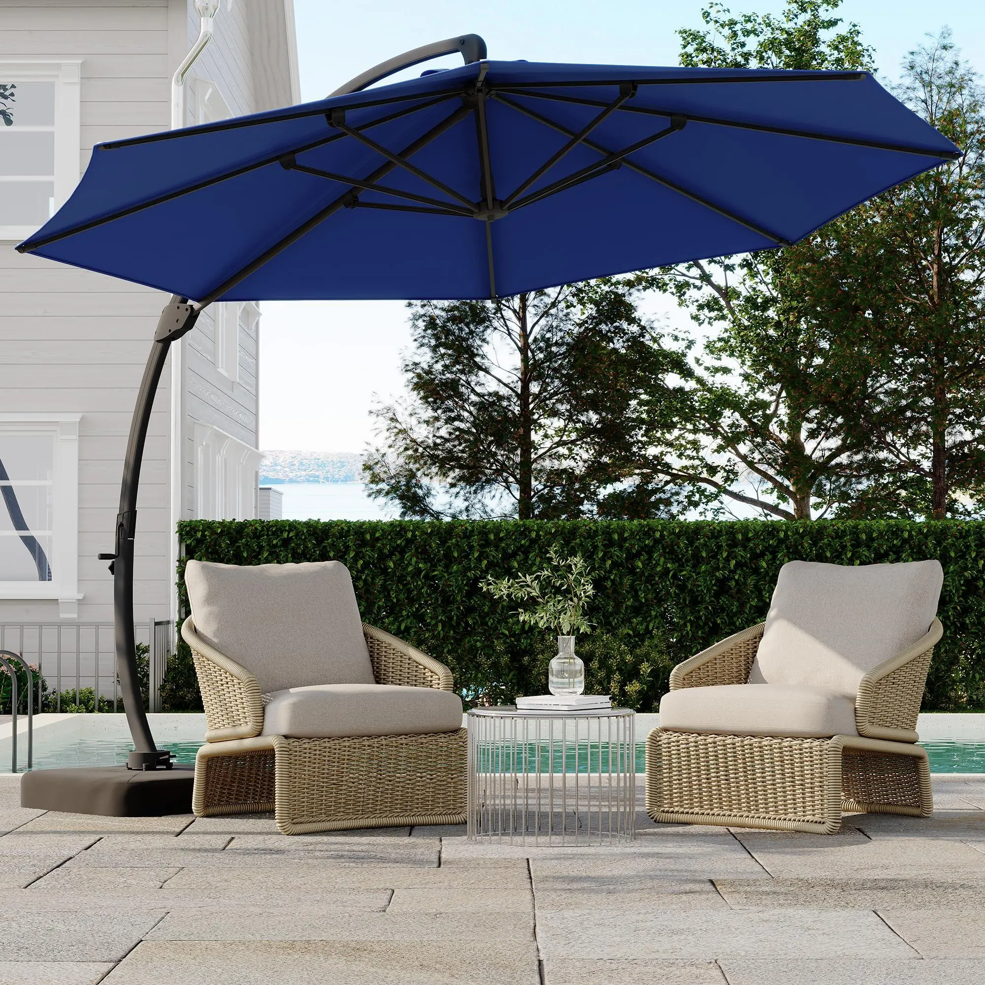 Outdoor Large Round Aluminum Offset Umbrella, Heavy Duty Offset Umbrella With 360°Rotation, Offset Patio Cantilever UmbrellaS With Base Included,Blue