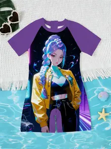 Girls' One-Piece Swimsuit, Cyber Neon K-Pop Anime Print, Quick-Dry Sunscreen Short Sleeve, Beach Pool Surfing Wear, Cute Slim-Fit Jumpsuit