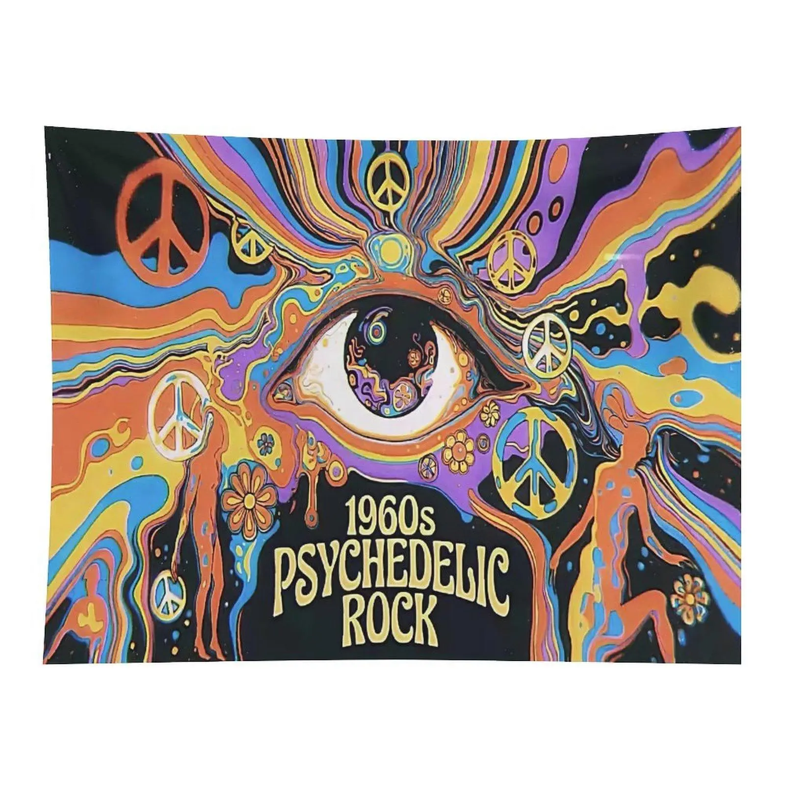 1960s Psychedelic Rock All-Seeing Eye Peace Sign Tapestry, Vintage Hippie Trippy Colorful Wall Art, Bohemian Home Decor for Dorm Bedroom
