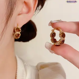 Women's Vintage Gold Zircon Huggie Earrings - Dainty, Small, Antique Gold, Artistic, Alternative, French Aesthetic, Sparkling Costume Jewelry, Fashion Accessories for Daily Wear & Gifting, Dainty Earrings, Vintage Earrings