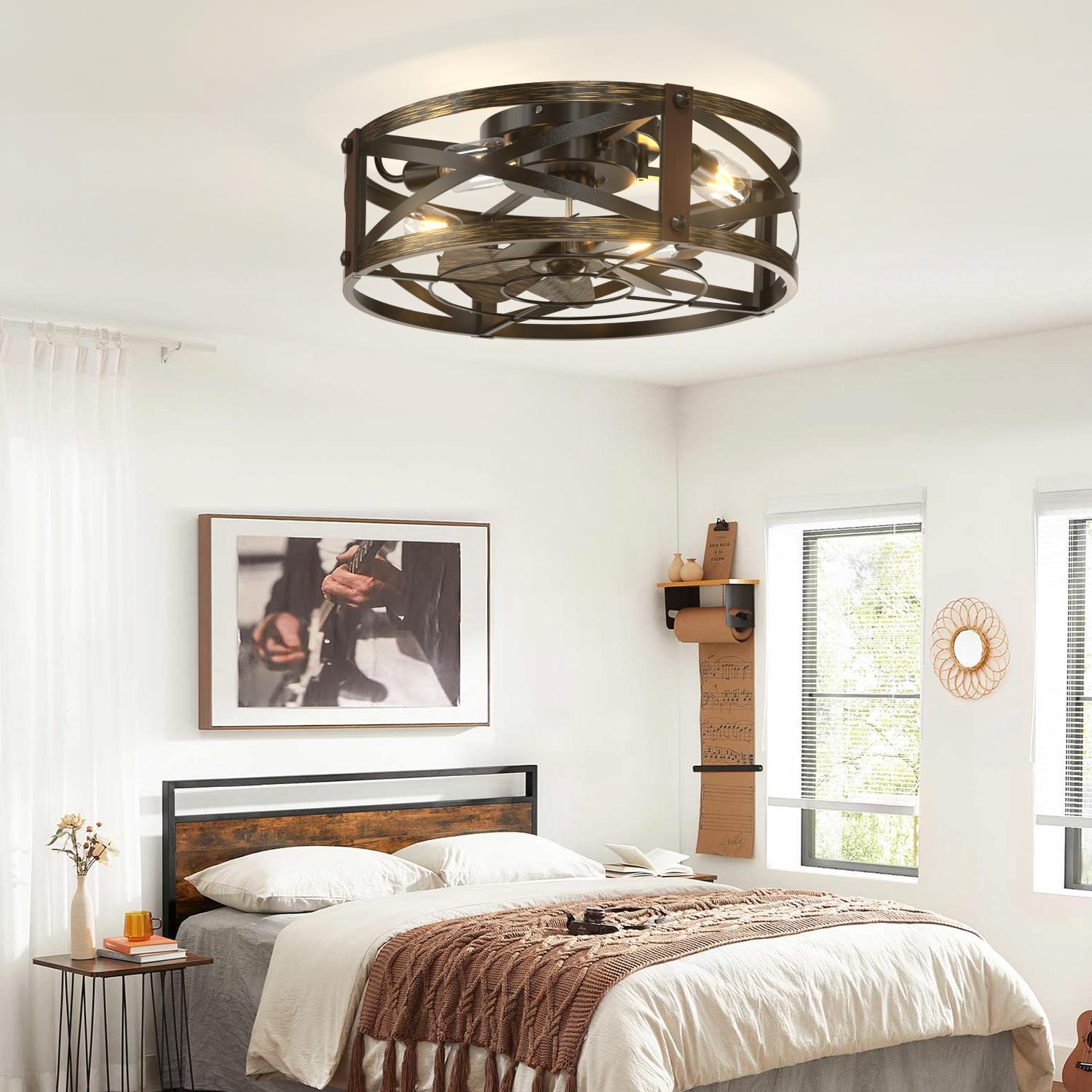 20" Caged Ceiling Fan with Light and Remote, Low Profile Flush Mount Fandelier, Black Bladeless Enclosed Small Fan Lights Ceiling Fixtures, Rustic Farmhouse Style for Bedroom, Outdoor