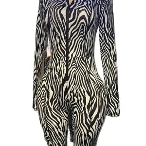 Zebra Style Zip Up Body Suit - Breathable Design in Animal Print Pattern Womenswear Bodysuits Long Sleeve Striped
