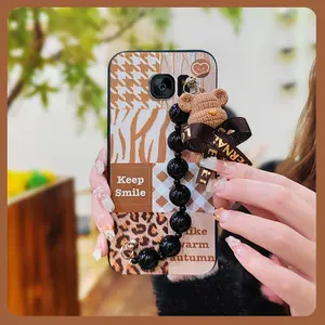 silicone Anti-knock Phone Case For Samsung Galaxy S7/G9300/G9308 Simplicity Back Cover Black pearl pendant Waterproof Skin-friendly feel cute Cartoon Bear bracelet protective case