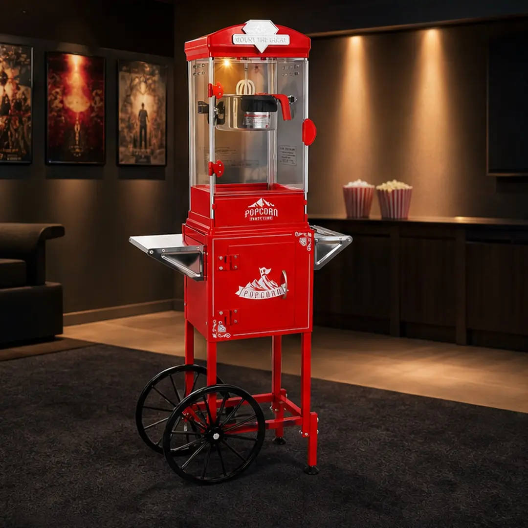 10 Oz Popcorn Machine Cart with Wheels, Red/Cyan/Black Plastic & Stainless Steel Kettle Maker, Portable Home Theater Concession Stand with Storage Cabinet, 3 Serving Spoons, Reject Kernel Tray, Easy One-Touch Operation for Movie Night, Party
