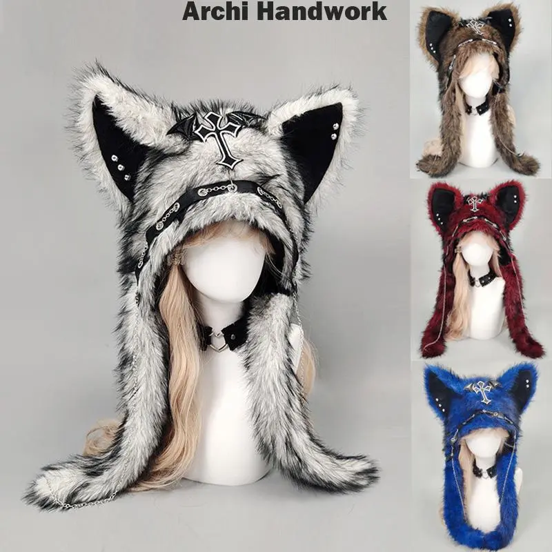 Archi Handwork Medieval Cross Fluffy Hat Headwear Punk Wolf Cat Furry Ears Plush Headgear Gothic Dark Fursuit Cosplay Props