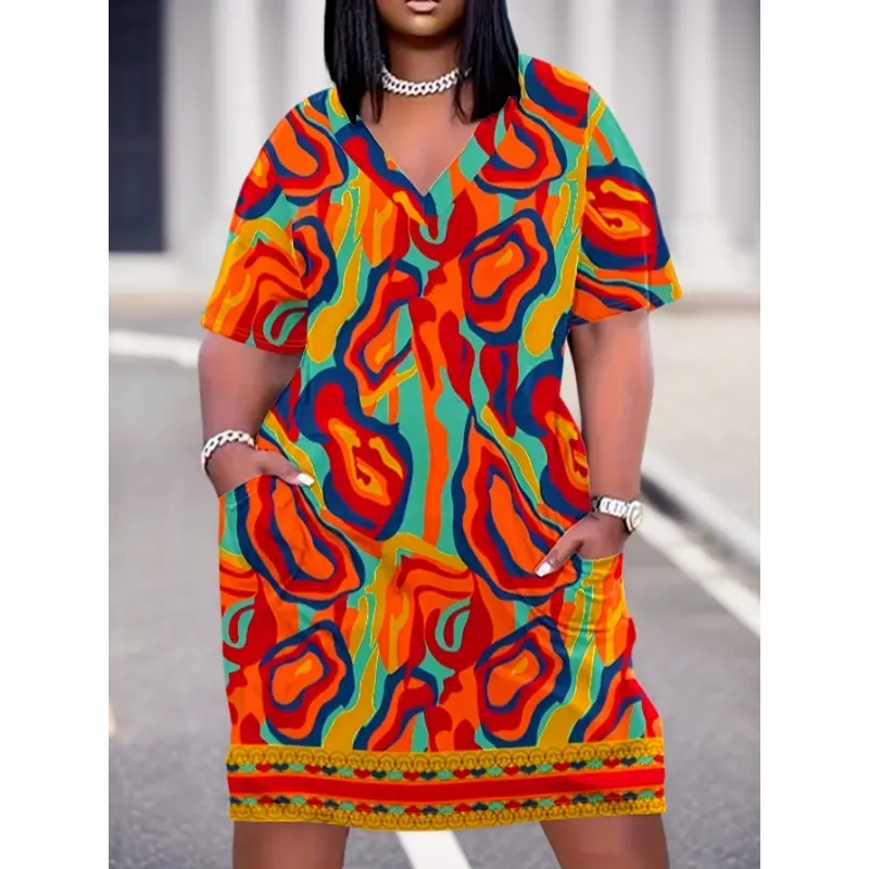 exercise fingers Plus Size Colorful Print Pocket Dress, Casual Short Sleeve Dress For Spring & Summer, Women's Plus Size Clothing