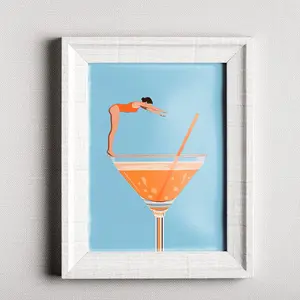 Aperol Spritz Poster Decor, Cocktail Diving Woman Bar Cart Print,Retro Alcohol Drinking Poster, Kitchen Drinks Wall Art |Frameless Poster