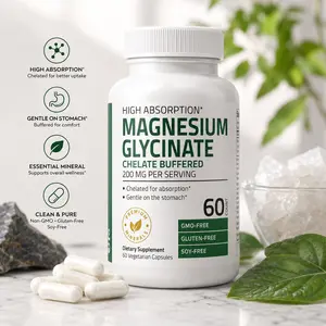 Magnesium Glycinate 200mg Supplement Capsules, Chelated High Absorption Formula, Gentle on Stomach, Non-GMO Vegetarian Magnesium Support, 60 Capsules