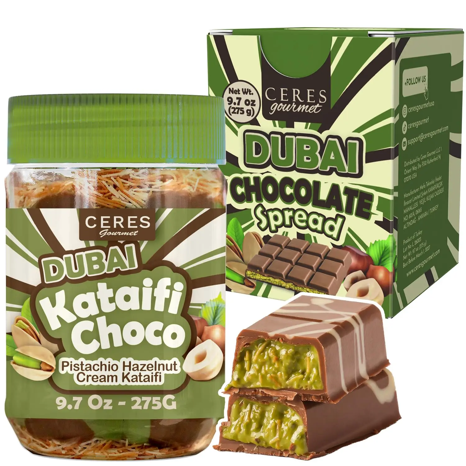 Ceres Gourmet Dubai Spreadable Chocolate– Pistachio Spread with Roasted Phyllo Kataifi, Gourmet Breakfast Choco, Crunchy Dubai Filling (9.7 Oz)