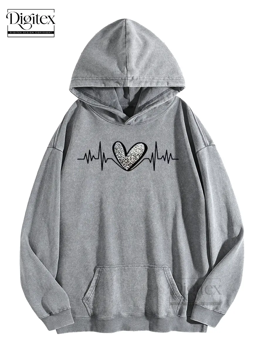 Digitex Unisex Love Style Hoodie, Acid Wash Soft Cotton Loose Pullover, Lovely Leopard Heart & Heartbeat Line Print, Stretch Ribbed Cuffs & Kangaroo Pocket, Warm Versatile Sweatshirt for Daily Autumn Winter Outfits