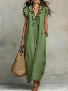 New Summer Boho Ruffle V-Neck Dress, Loose-Fit Straight Leg Thin Vacation Style Long Dress, Slightly Fitted, Recommend One Size Up