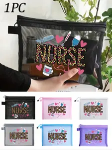 Nurse Theme Mesh Nylon Makeup Bag, Makeup Storage Bag, Portable Multi-Purpose Cosmetic Pouch, Leopard Print Letter Design, Travel Organizer for Women