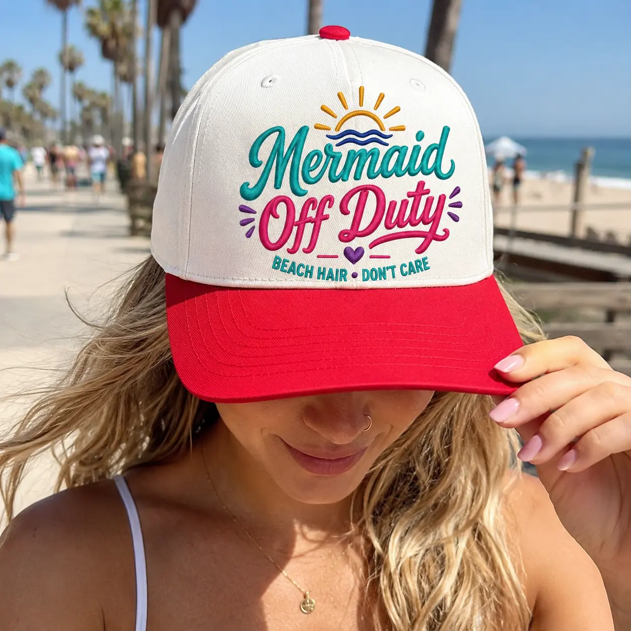 Mermaid Off Duty Embroidered Baseball Hat, Beach Hair Don’t Care Cap, Colorful Red White Two Tone Dad Hat, Summer Vacation Beach Trip Gift for Women, Cute Ocean Lover Cap